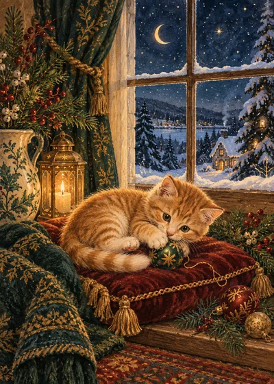 AI-generated storybook illustration of a ginger kitten beside a candlelit snowy cottage window