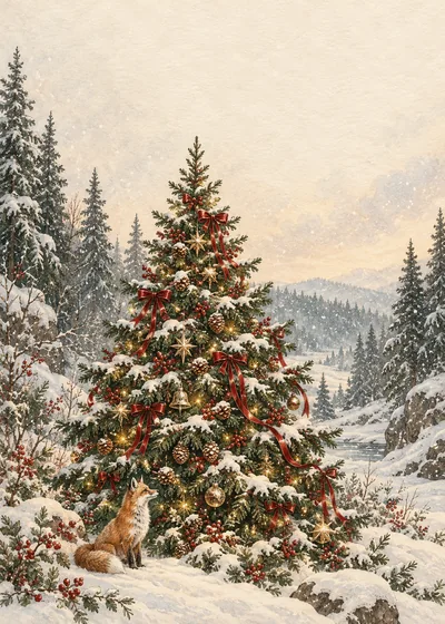 AI-generated vintage illustration of a decorated Christmas tree and a fox in a snowy forest